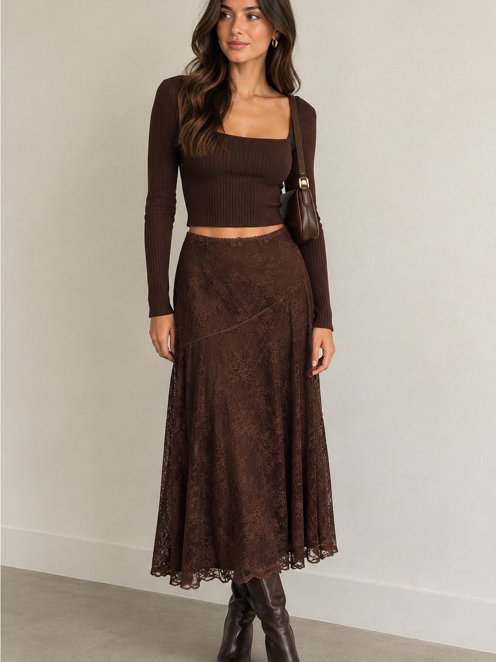 ELIANE ROSE Chocolate Brown Lace Maxi Skirt | Timeless A-Line | Sz S